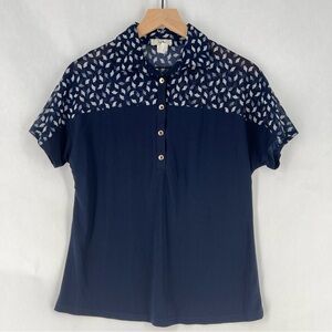 Ivy Ridge Navy‎ Blue Patterned Mesh Neckline Stretch Jersey Knit Dolman Polo Top